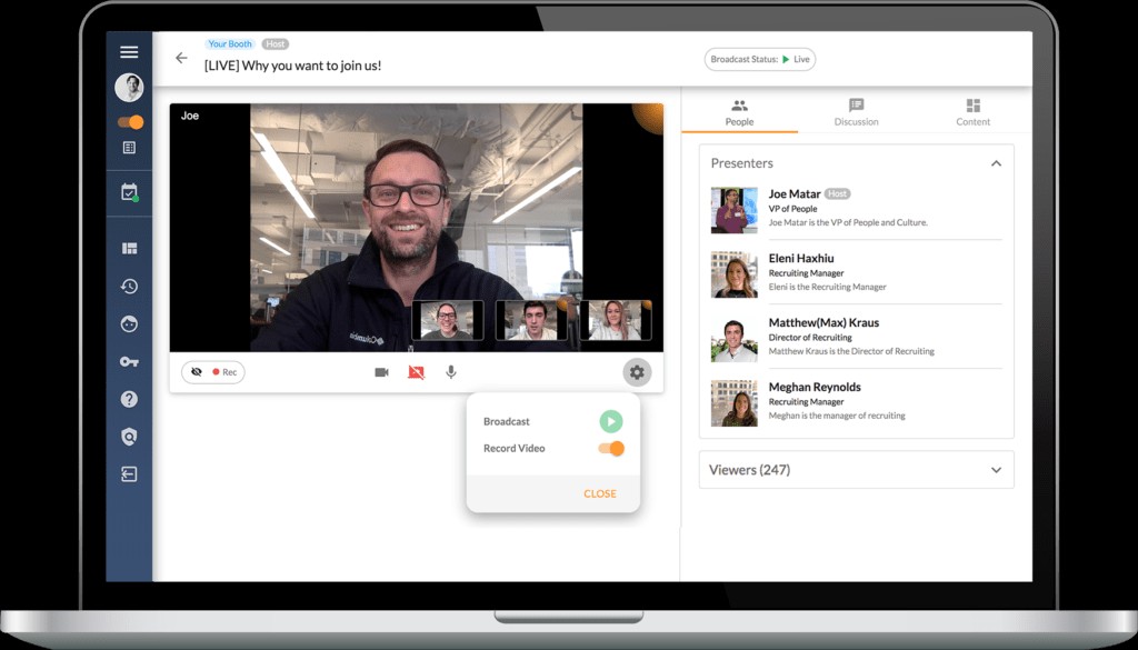 Radancy’s Hiring Events offers video interviewing and live video broadcasts right from its own technology. No external solutions or third-party tools are necessary, unlike many other solutions. It also gives recruiting teams direct access to all candidate data and has integrated candidate management tools to equip teams to easily rate, follow up with and communicate with talent