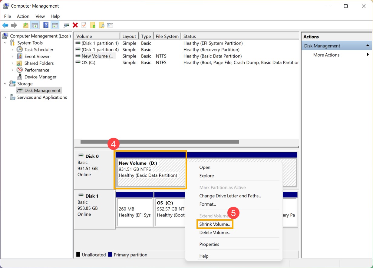 Shrinking a partition to create unallocated space for a new drive in Windows 10 Disk Management