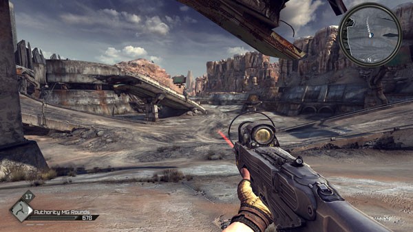 Armored vehicle attacking a settlement in Rage, illustrating the game's focus on vehicular combat and action