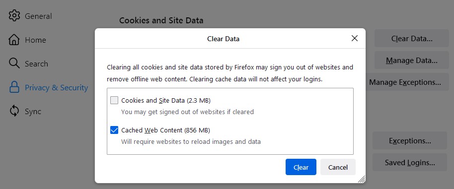 Mozilla Firefox settings with privacy and security panel highlighted