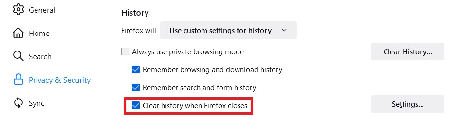 Firefox preferences settings with use custom settings for history selected