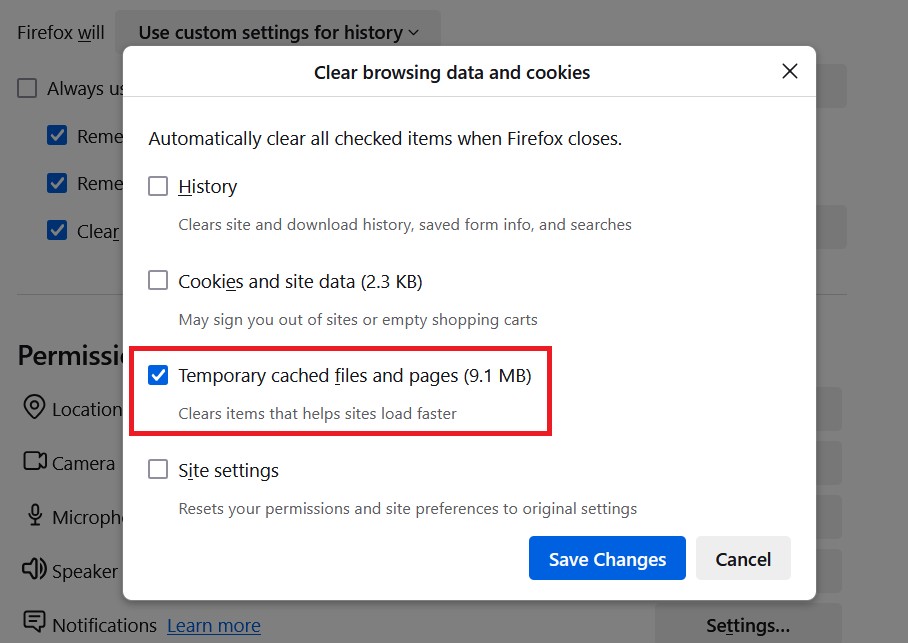 Firefox settings for clearing history with temporary cached files selected