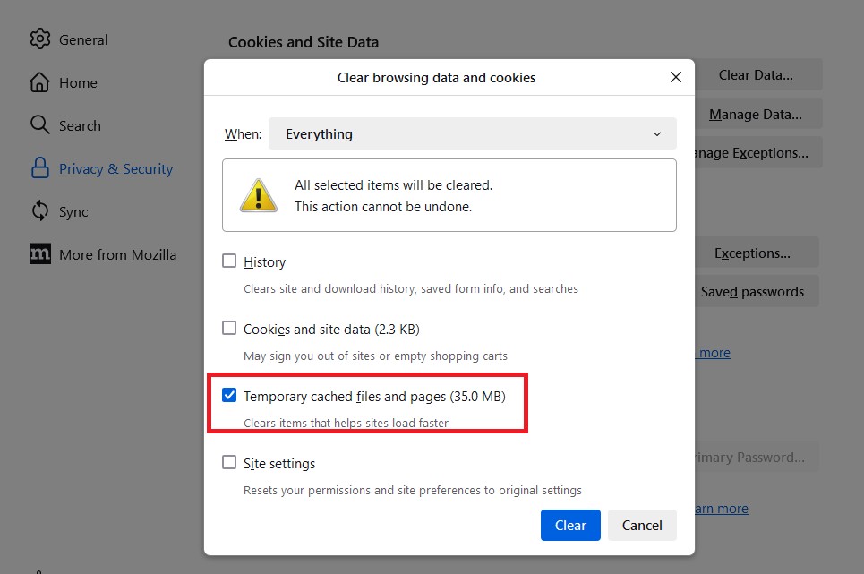 Clear data popup box with cached web content highlighted