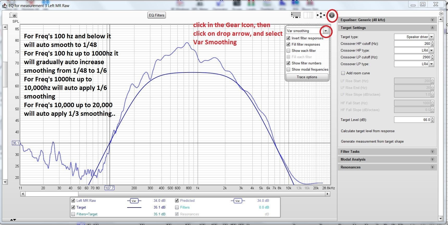 Variable smoothing settings in car audio tuning software