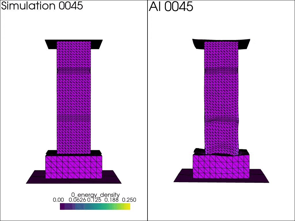 Side-by-side visualization of a crashbox's deformation over time