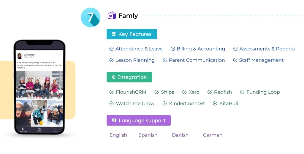 Famly interface emphasizing parent communication and administrative tasks