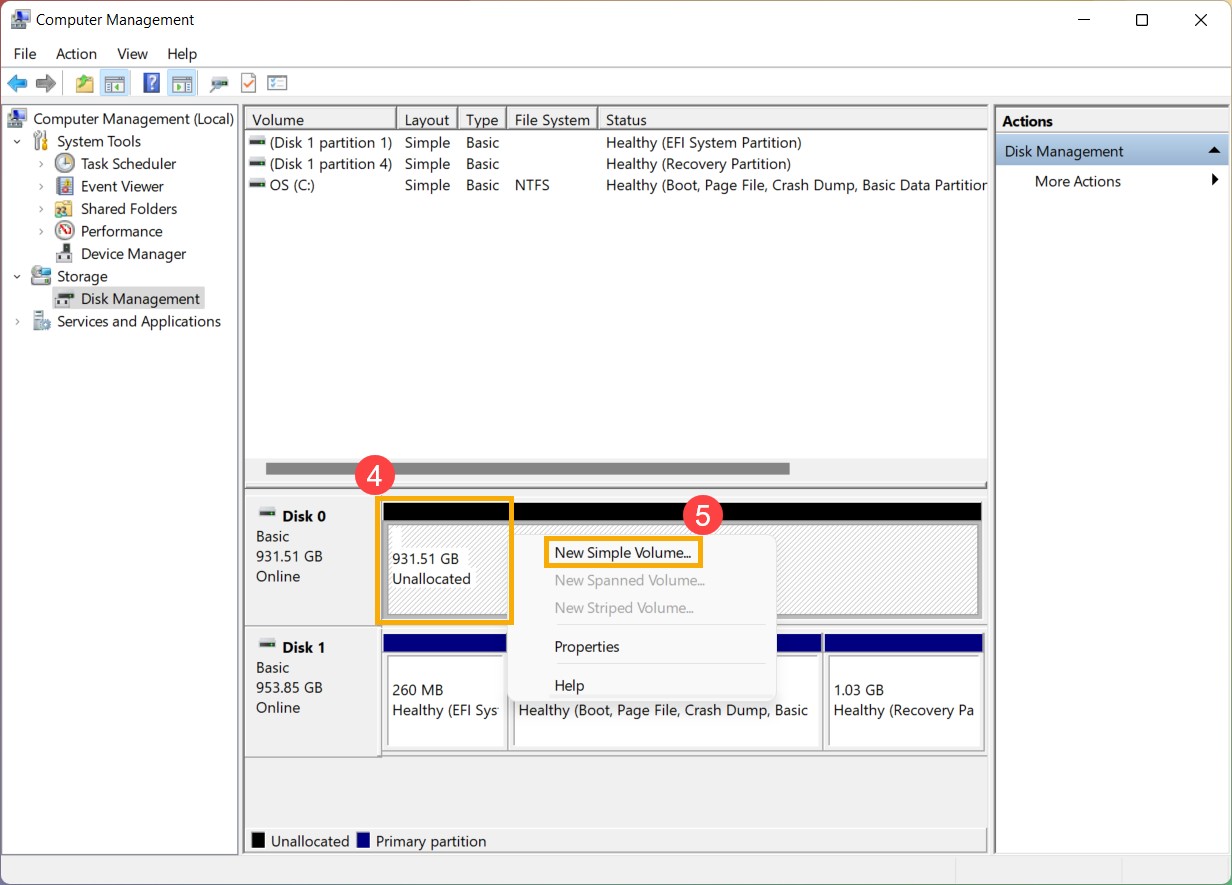 Creating a new simple volume on an unallocated hard disk partition in Windows 10 Disk Management