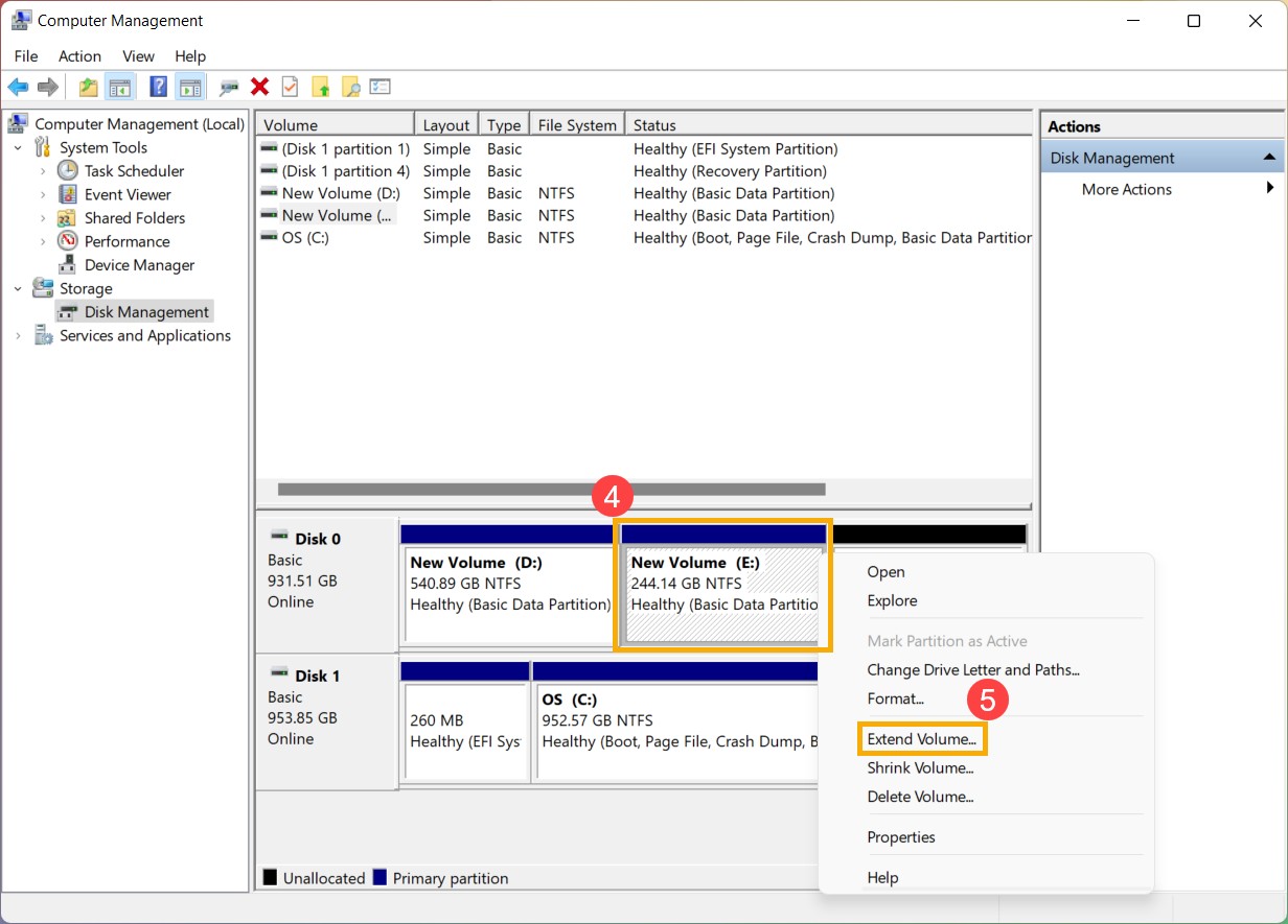 Extending the available partition volume on a Windows 10 hard disk using Disk Management