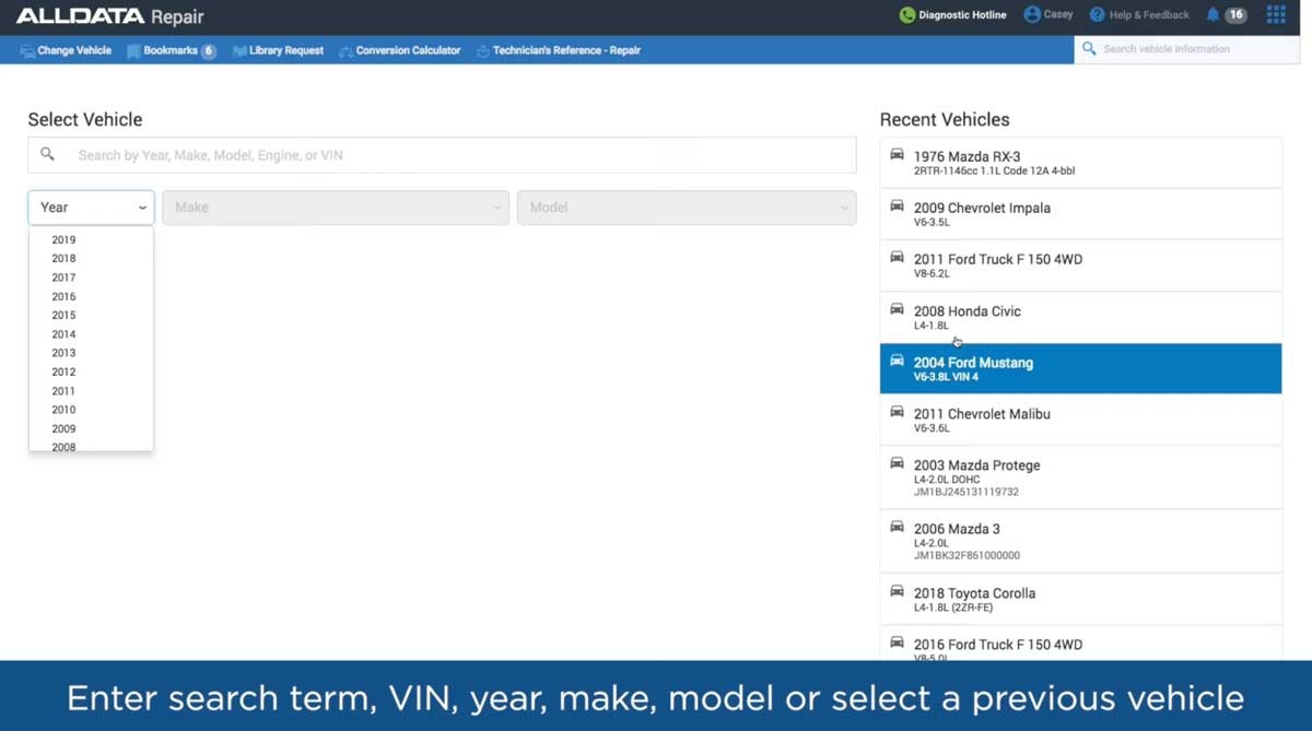 alldata vehicle search screenshot