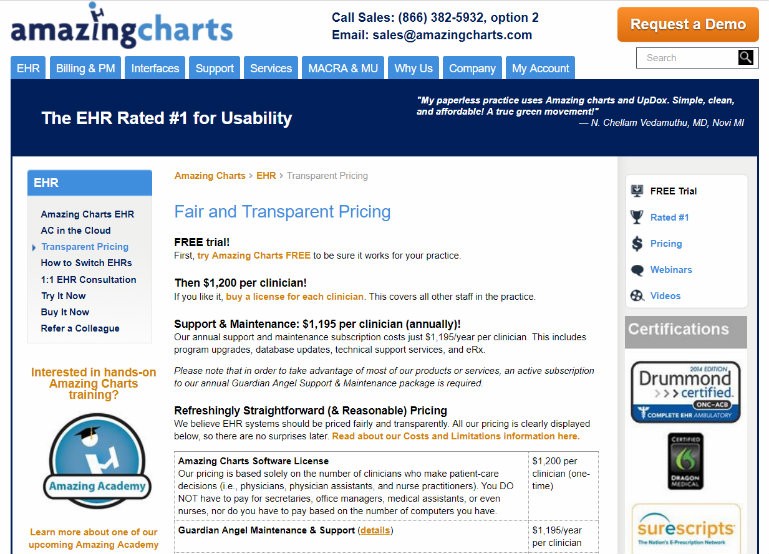 Screenshot of Amazing Charts' pricing breakdown, detailing license fees and support costs