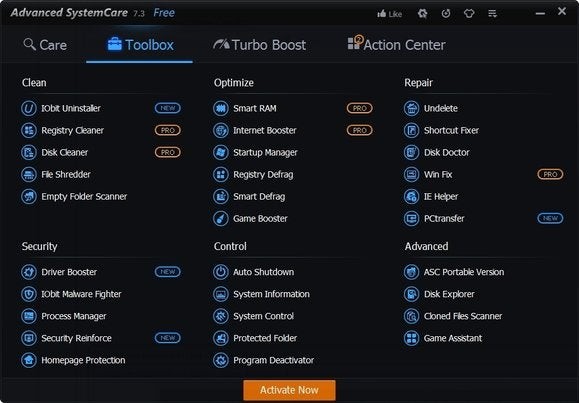 Advanced System Care’s toolbox pane shows you all the included utilities. This is the trial version that shows you which utilities are only available in the $30 Pro version.