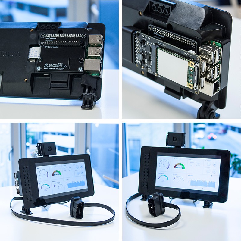 Collage of images showcasing a Raspberry Pi installation in a car dashboard for a carputer setup.