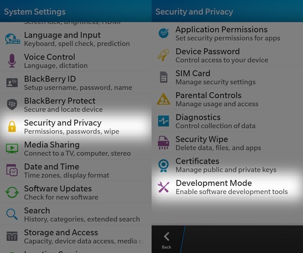 Enabling Blackberry 10 developer mode to install Android apps