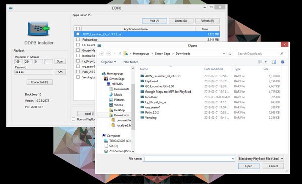 Entering the Blackberry 10 device IP address and password into DDPB to sideload Android apps