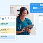 A graphic showing the employee scheduling feature with a healthcare worker in the Connecteam app.