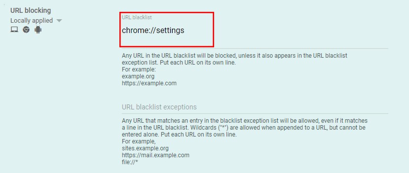 Example of blocking URLs in Google Admin Console