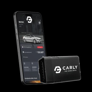 Mechanic performing diagnostic tests on a BMW using Carly software.