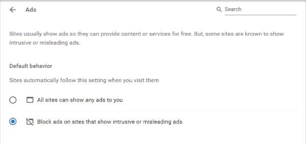 Selecting the ad blocking option in Chrome