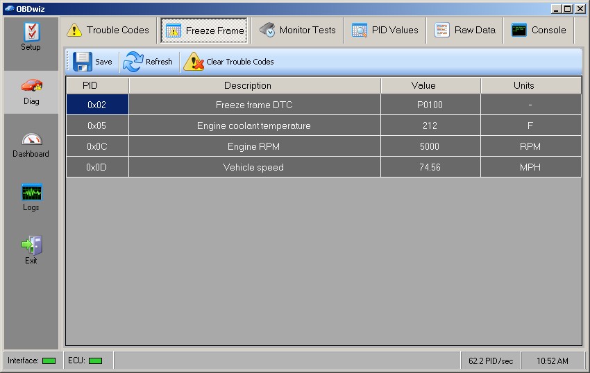 OBDwiz Freeze Frame Tab