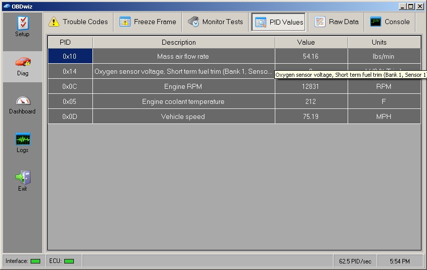 OBDwiz PID Values Tab
