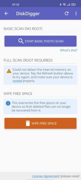 DiskDigger app interface showing the scanning options and recoverable files