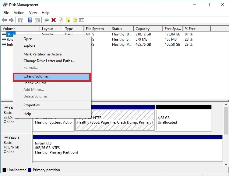 Extend Volume option in Disk Management
