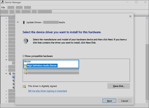 Choose the driver and select next to use the generic audio driver