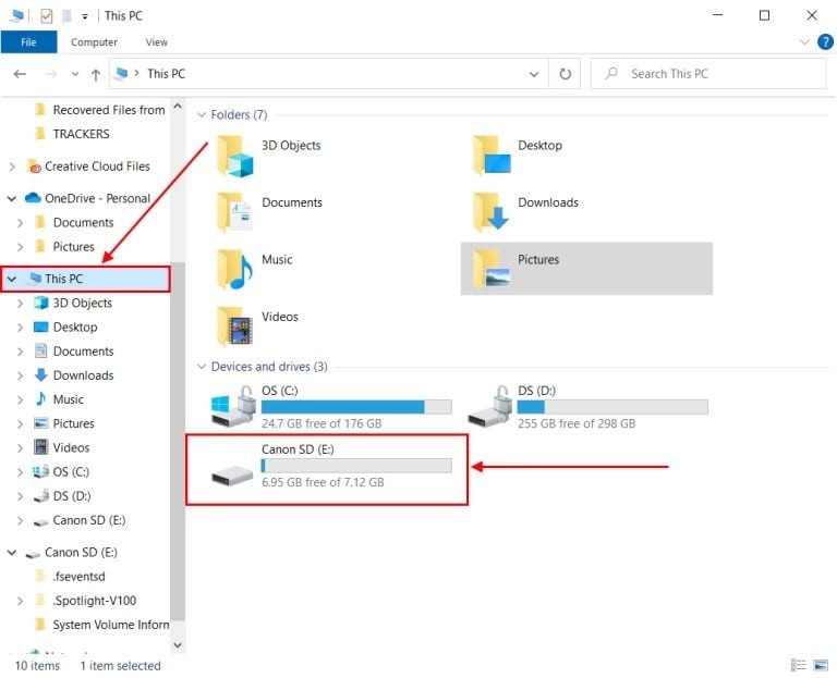 Selecting your SD card from This PC