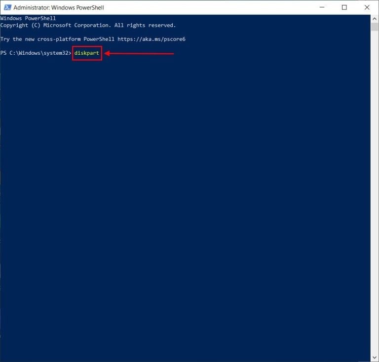 Inputting diskpart