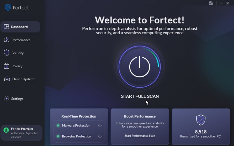 Fortect Dashboard with Malware Protection