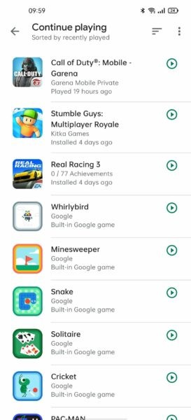 Google Play Games interface with options to manage game data and settings