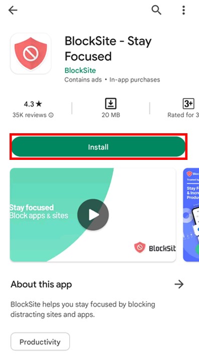 BlockSite download page on the Google Play Store