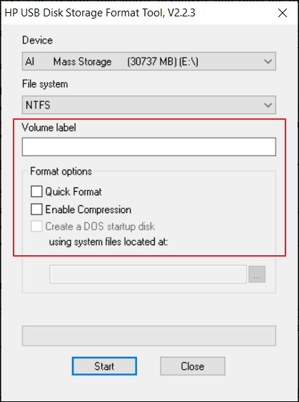 HP USB Disk Storage Format Tool Interface