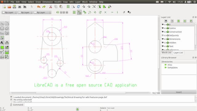 LibreCAD interface displaying a mechanical drawing