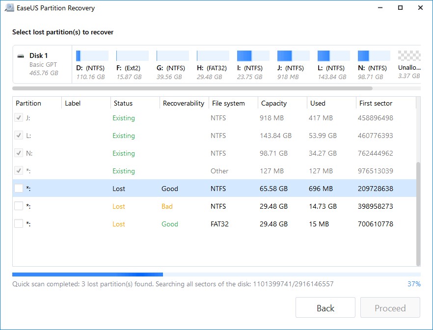 Select disk to scan for lost partitions