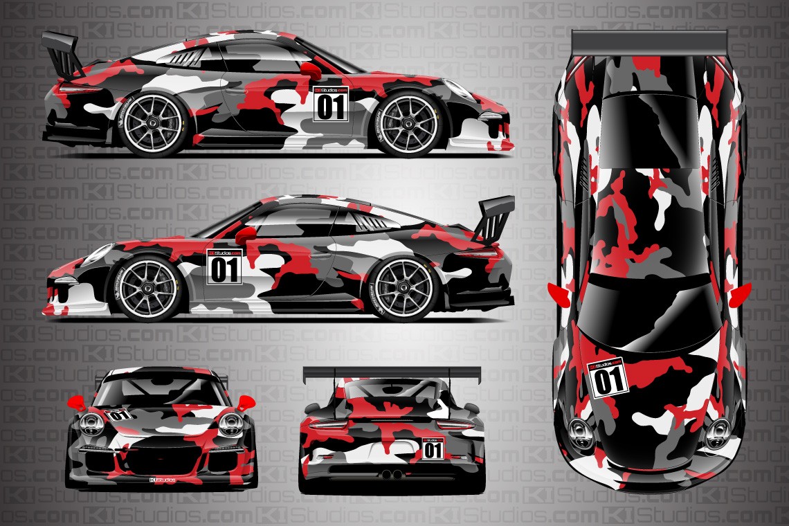Porsche 911 Race Car Camo Wrap with Blue Accents