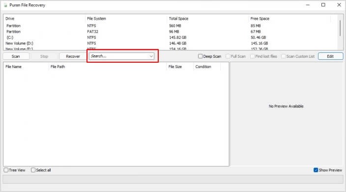 Puran File Recovery Feature Search