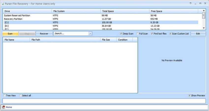 Puran File Recovery Interface