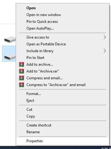 Accessing the properties of the USB drive