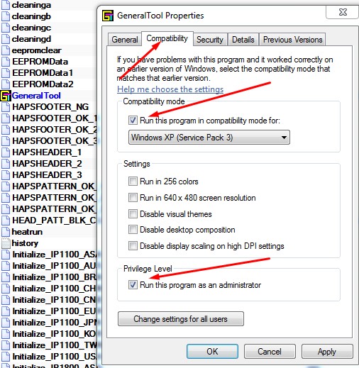 Compatibility Settings for Resetter Tool