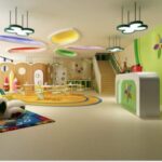 Children interacting in a colorful daycare setting, engaging in play and learning activities