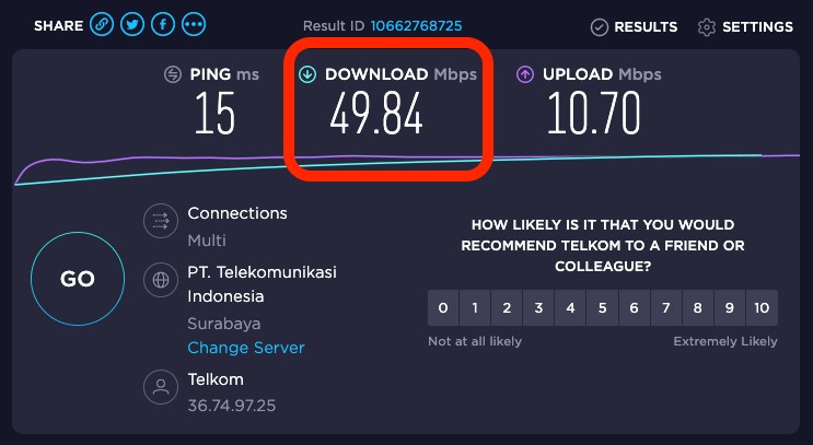 Screenshot of speedtest.net results showing download speed