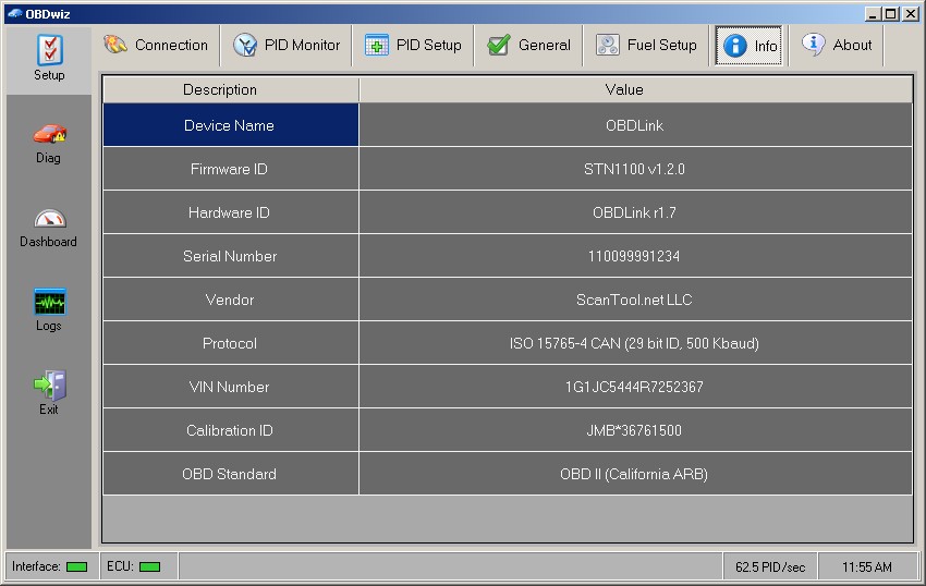 OBDwiz Info Tab
