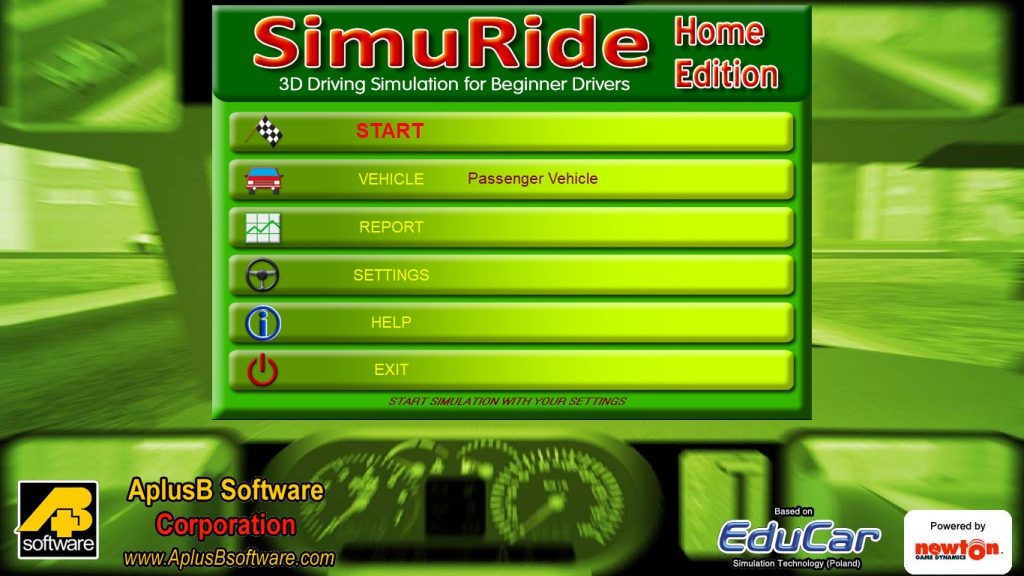 Simuride HE main menu displayed on a computer screen, showcasing the user interface for driving simulation software