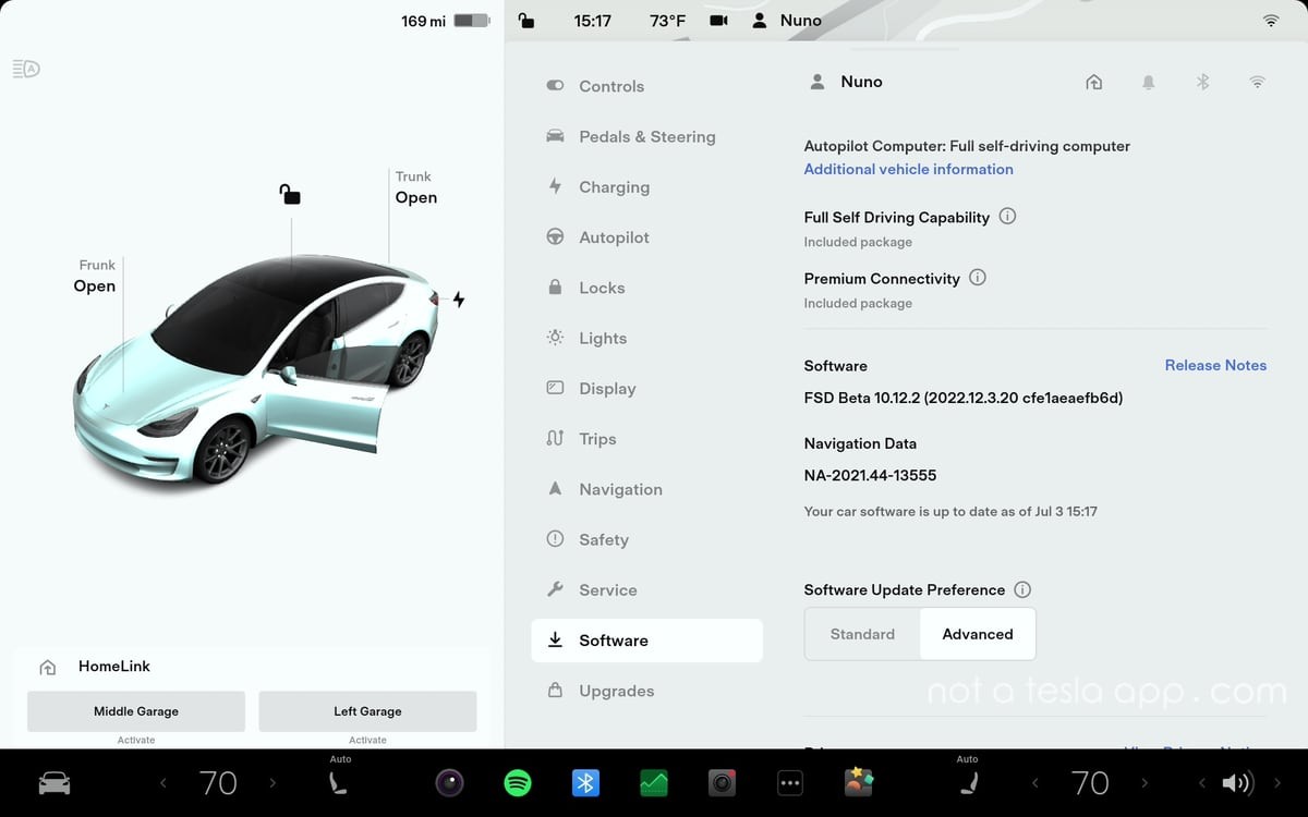 Tesla software update menu showing how to check for updates