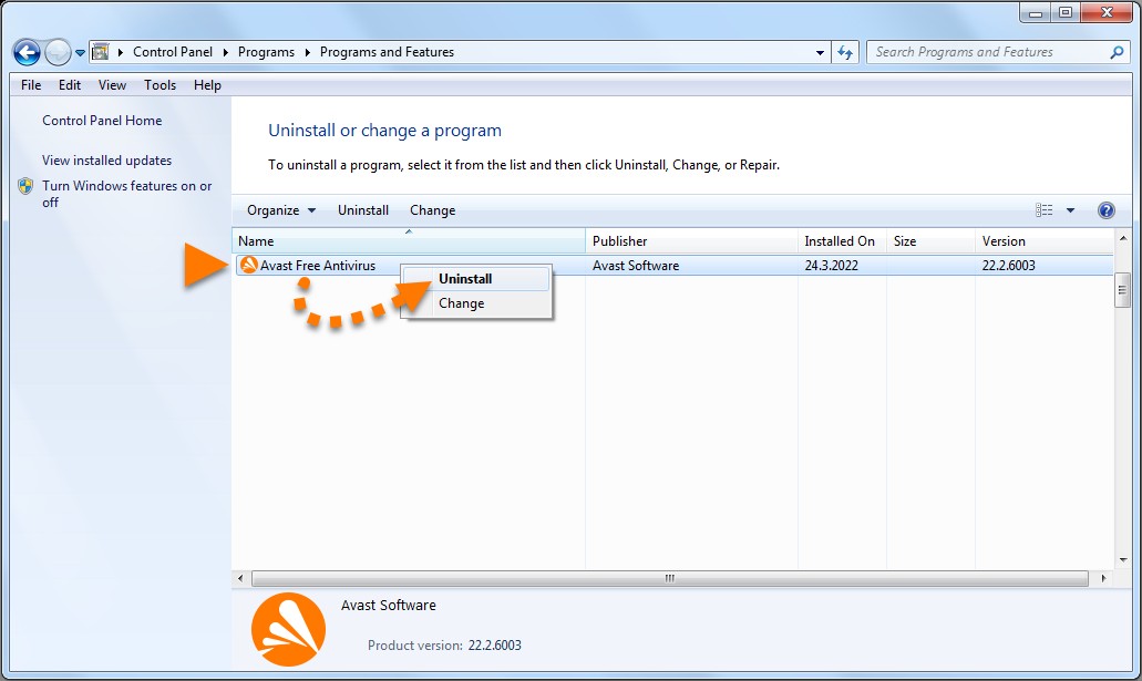 Uninstall Avast from Control Panel