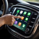 Hand touching touchscreen display in car for software change
