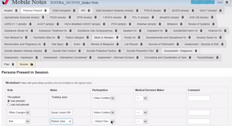 Screenshot of Valant EHR showing a patient encounter recording