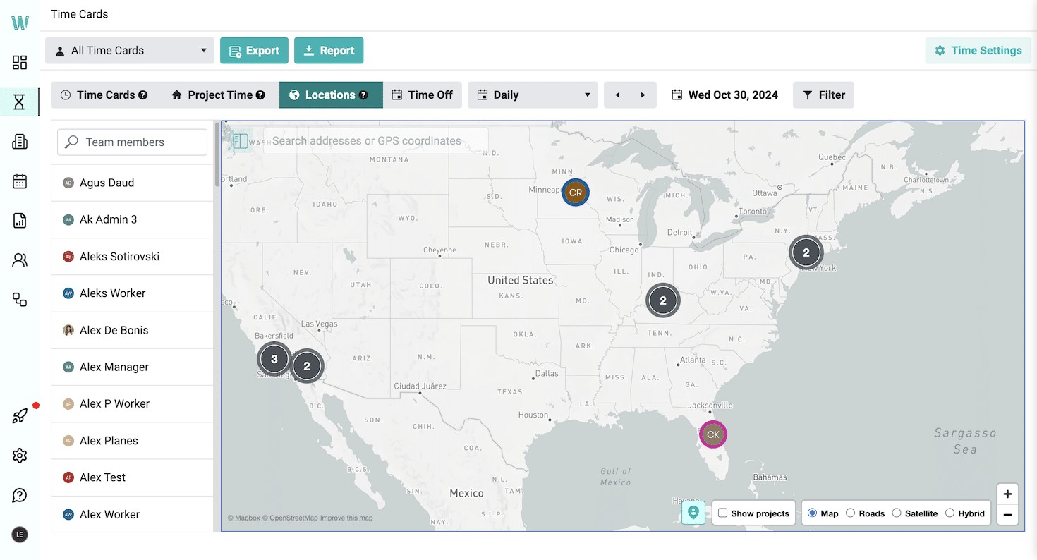Real-time GPS tracking showing crew locations on a map